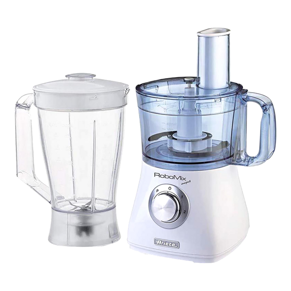 Compact and sleek Ariete food processor in white and clear with a 2-liter capacity and 500W motor, perfect for efficient kitchen tasks.