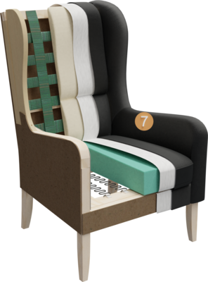 wing chair Bora | structure cross-section of frame, seat structure, backrest structure, backrest, upholstery, fine upholstery and cover