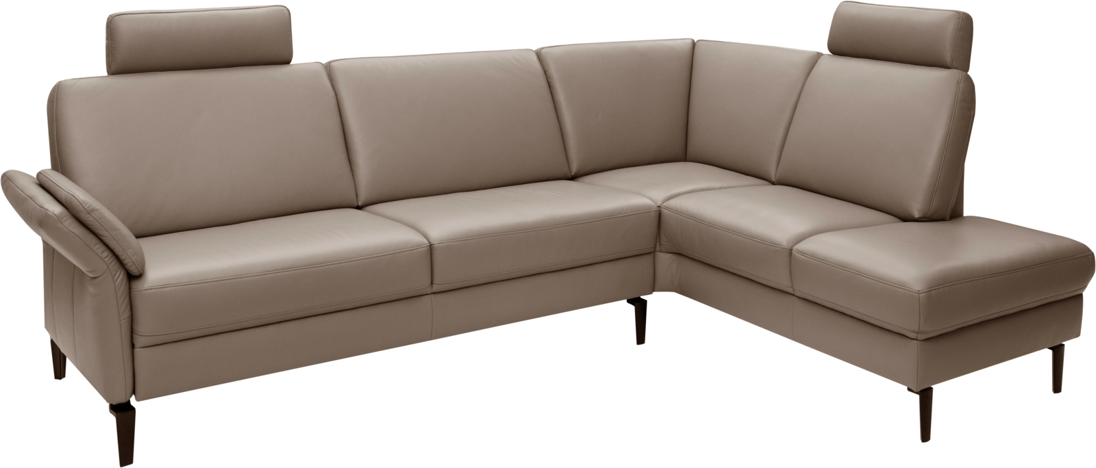 Ecksofa Marino in braunem Leder mit Metallfüßen.