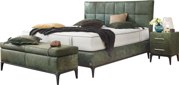 Boxspringbett in grünem Leder mit Massivholzsockel und Quadratheftung im Kopfhaupt