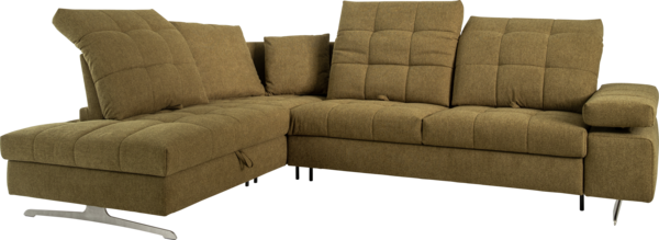 Sofa Marko Ecksofa in grünem Stoff, Bettzeugraum, verstellbarer Nackenstütze, verstellbarer Armlehne, Sitztiefenverstellung und Doppelliegefunktion