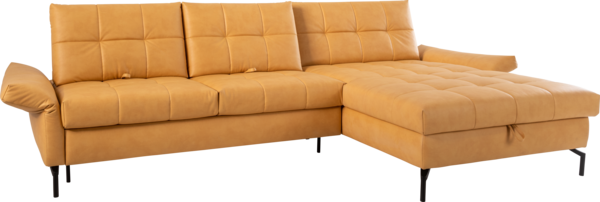 Sofa Okram Sofa in gelbem Stoff, Stauraum, Sitztiefenverstellung, verstellbarer Nackenstütze und verstellbarer Armlehne, und Doppelliegefunktion