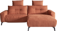 Sofa in orangem Stoff, Relaxfunktionen und schwarzen Metallfüßen