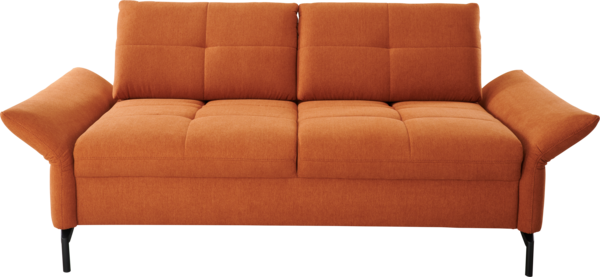 Sofa Bronx Air Sofa in orangem Stoff, Chaiselounge, schwarzen Metallfüßen, Sitzteifenverstellung, Armteilverstellung und Doppelliegefunktion
