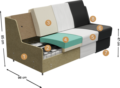 sofa with bed function Stretta sofa with bed function Stretta | structure cross-section overview with height, depth and seat height