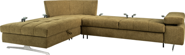 Sofa Marko Ecksofa in grünem Stoff, Bettzeugraum, verstellbarer Nackenstütze, verstellbarer Armlehne, Sitztiefenverstellung und Doppelliegefunktion