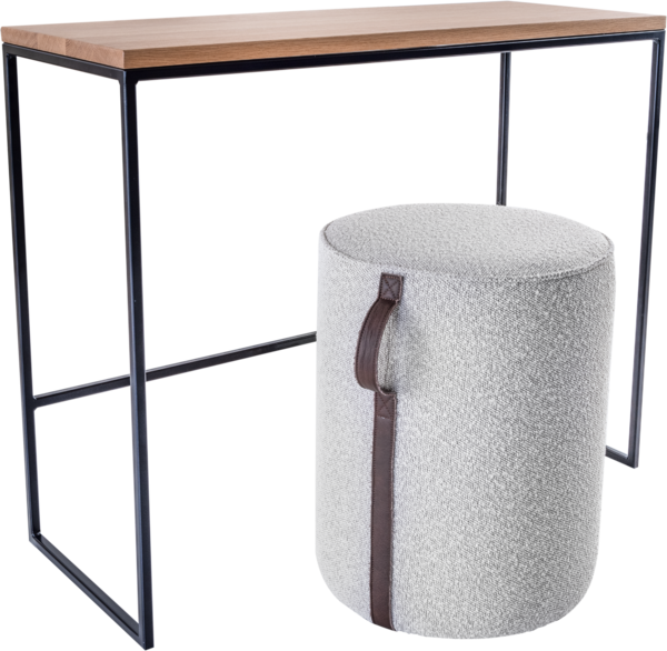 Ecksofa Novara, mit schwarzen Metallfüßen, Funktionskissen und Homeoffice Zubehör bestehend aus Bestell Arbeitstisch und Hocker mit brauner Lederschlaufe