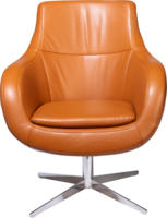 Sessel Oliver in orangem Leder mit niedriger Rückenlehne und Metallfuß.