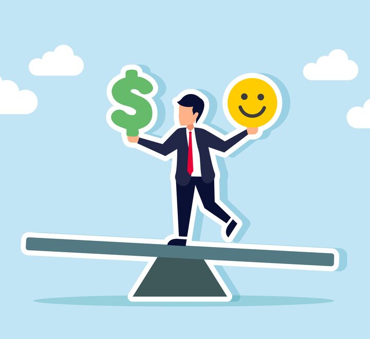 Illustration of a man balancing between money and happiness.