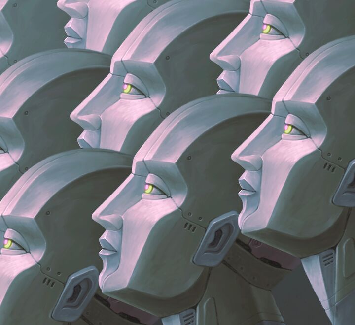 Surreal futuristic art showing a group of robots.