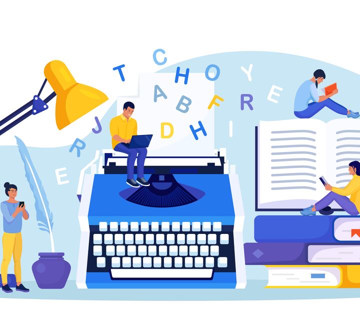 Illustrasjon av språk, ord, skrivemaskin, tale