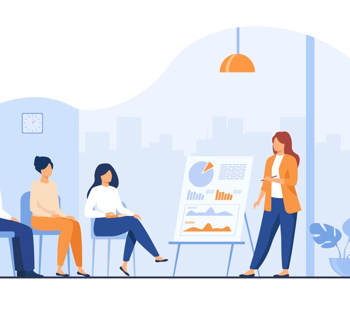 Drawing of a manager speaking to a small team