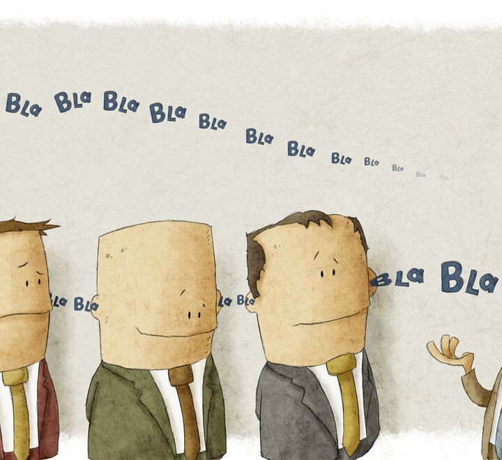 Illustrasjosntegning av en sjef som sier bla bla til sine ansatte