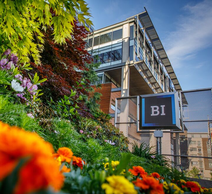 Blomster foran hovedinngangen til campus Oslo