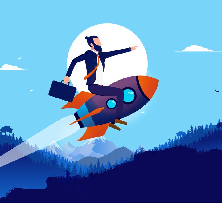 Illustrasjon av forretningsmann som flyr på en rakett.