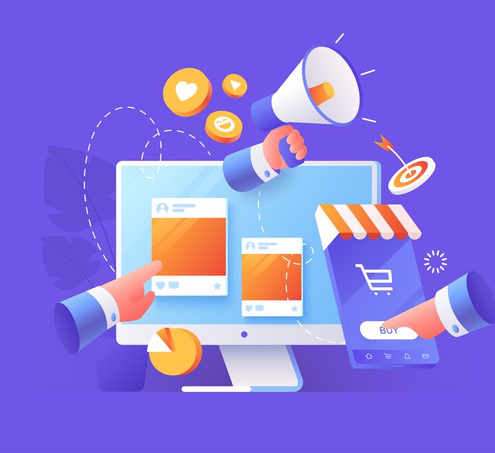 Illustration of a screen who consists of different advertising symbols