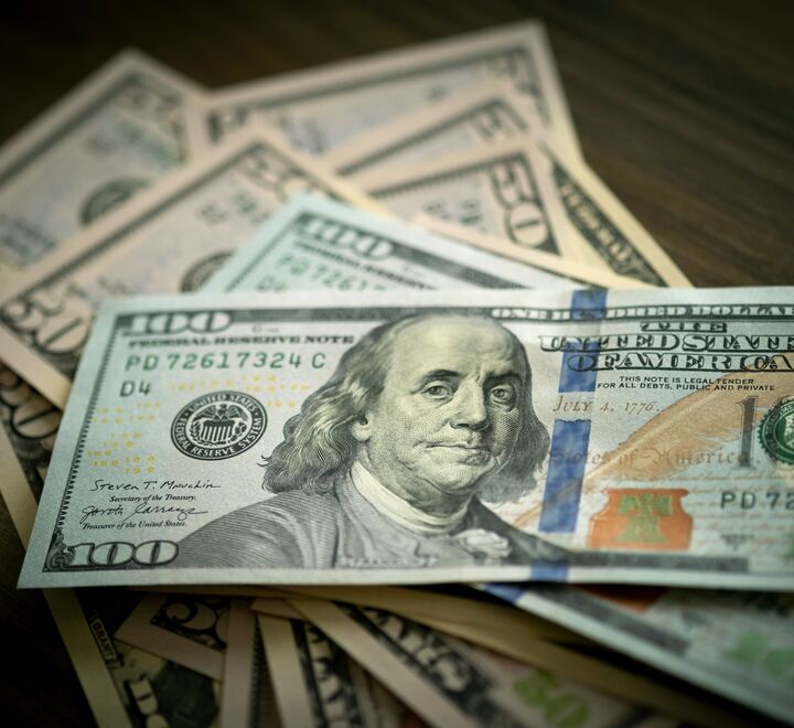 Amerikanske dollarsedler mot en bakgrunn av tre