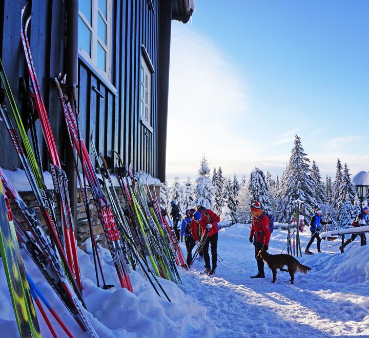 People putting their ski against a cabin