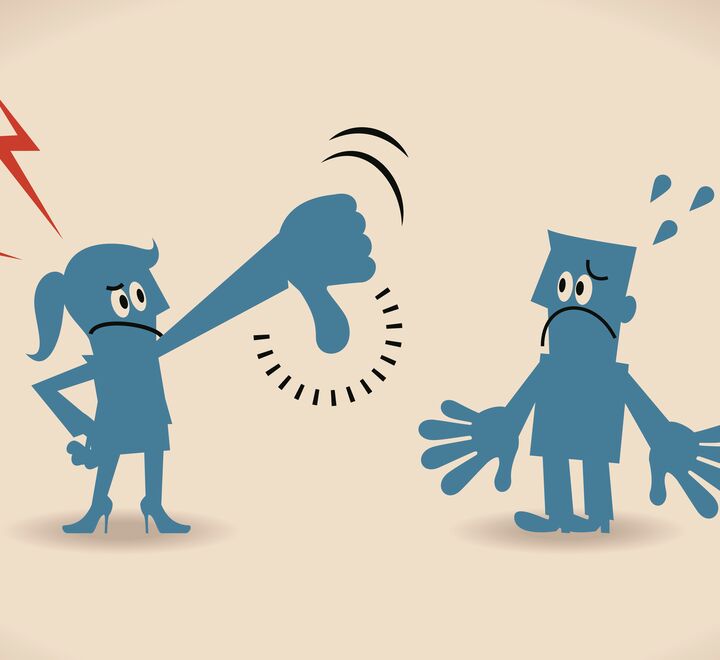 Illustrasjonsbilde: tegnet kvinne med stor tommel ned til en sur mann