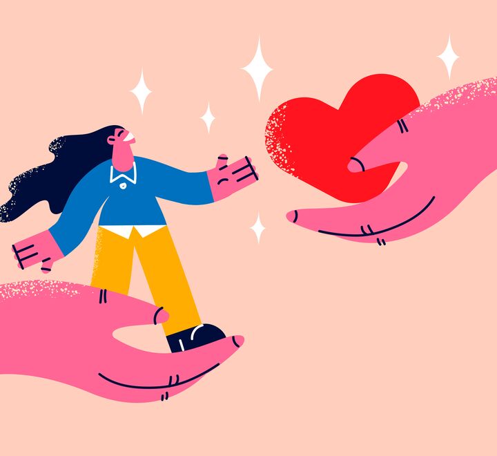 Illustration showing one hand holding a person, and one hand holding a heart.