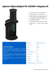 Tekniska data Uponor Oljeavskiljare PE 40/400-4 med bypass 10 (SE)
