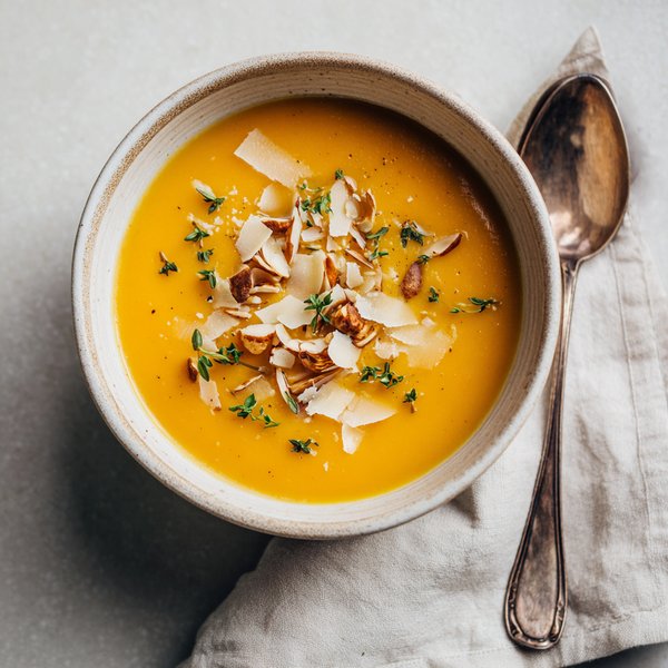 Soupe de potimarron aux éclats de marrons grillés_Pumpkin soup with roasted chestnut pieces