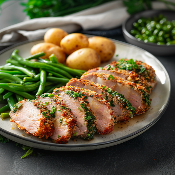 Filet mignon in a herb crust, baby potatoes & green beans-Filet mignon en croûte d’herbes pommes grenailles & haricots verts.tif