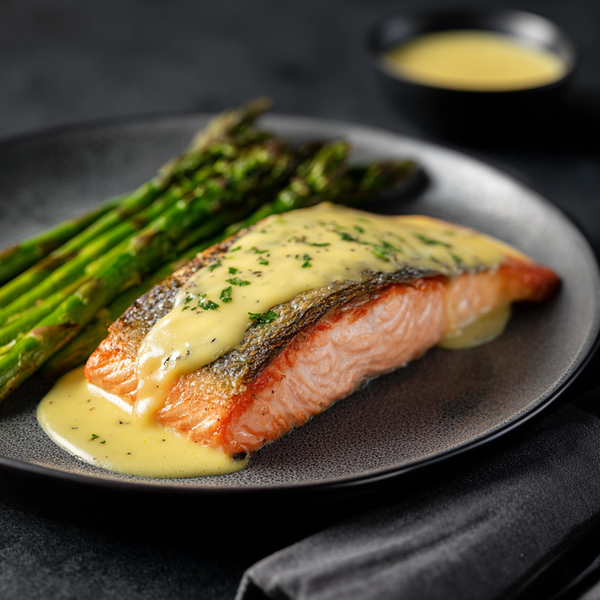 Salmon green asparagus and hollandaise sauce - Saumon asperges vertes sauce hollandaise .tif