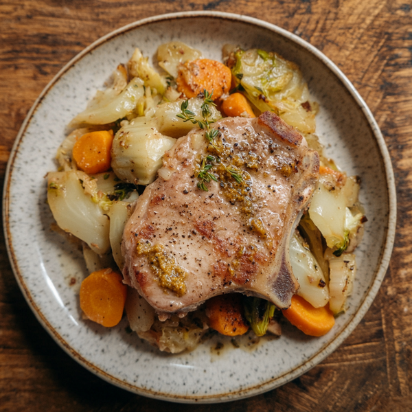 Côtelettes de porc à la moutarde et légumes d'hiver rôtis_Pork chops with mustard and roasted winter vegetables_MULTICOOK