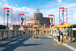 Machine Learning analytics identify person and object technology , Artificial intelligence concept. Software ui analytics and recognition people in city with flare light effect (blur all human face)