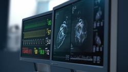 Heart scan MRI concept. Cardiology. Blood pressure, heart rate, oxygen saturation are displayed on modern high-tech screen. Health data. Diagnosis of disease. Futuristic MRI 3D render visualization