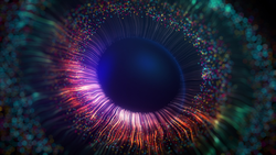 Human multicolored iris of the eye animation concept. Rainbow lines after a flash scatter out of a bright white circle and forming volumetric a human eye iris and pupil. 3d rendering background in 4K.