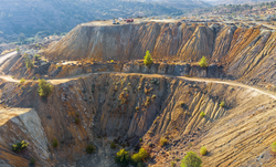 Drilling equipment for geological exploration of mining waste heaps. Abandoned copper mine area in Xyliatos, Cyprus