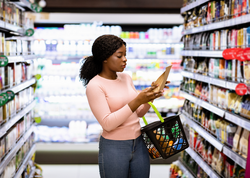 African American woman making choice of products at supermarket. Focused female consumer shopping for groceries, selecting food, reading labels at modern mall