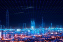 5G network digital hologram and internet of things on city background.5G network wireless systems.