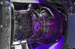 Jet engine, internal structure with hydraulic, fuel pipes and other hardware and equipment, aviation, aircraft and aerospace industry 