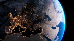 Planet earth with realistic geography surface and orbital 3D cloud atmosphere . Outer space view of world globe sphere of continents . 3D rendering graphic . Elements of this image furnished by NASA .