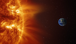 Solar flare, and magnetic storms. Plasma flash on the surface of a star - Planet Earth from outer space with millions of stars around it  "Elements of this image furnished by NASA"