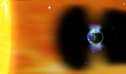 Planet Earth's magnetic field against Sun's solar wind and aurora "Elements of this image furnished by NASA"