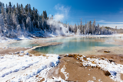 Colorful Porcelain Basin area trail in Yellowstone National Park, Wyoming, USA