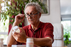 Senior man taking prescription medicine at home
