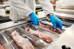 Close up of hands packing meat with vacuum heat sealing machine for food pack in meat factory.