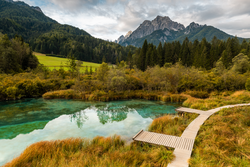 Emerald Lake at Zelenci in Slovenia. Alpine Landscape at Autumn Season.