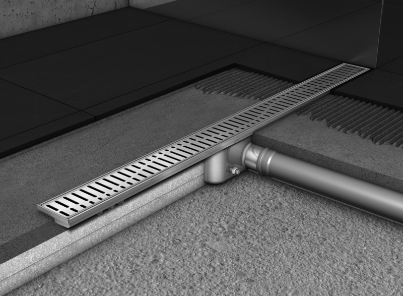 douchegoot RVS z. flens z. rooster, 70mm breed, stankslot 25mm